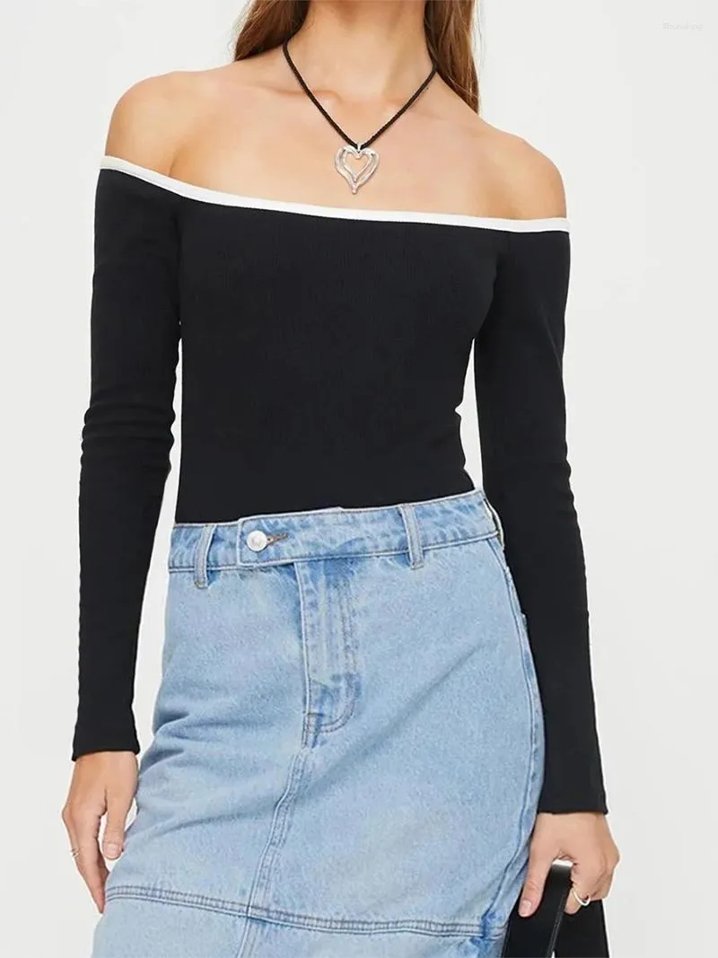 Dames T-shirts Dames Off-shoulder Cropped Tops Truien Herfst Informeel Contrastkleur Lange mouw Boothals Show Navel Slanke T-shirts Dagelijks