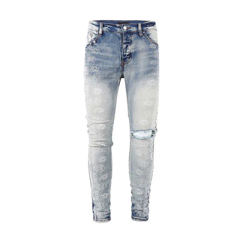 Designer Amirstide Brand Wash Water Light Blue Cashew Blommakniv Cut Hole Slim Fit Skinny Jeans för män och kvinnor