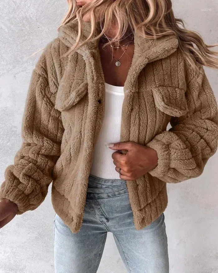 Kadın Ceketleri Sonbahar Kış Vintage Peluş Sıcak Kadın Palto Sıradan Katı Kuru Gevşek Bulanık Kadın Ceket Kadın Kabarık Düğmesi Uzun Kollu