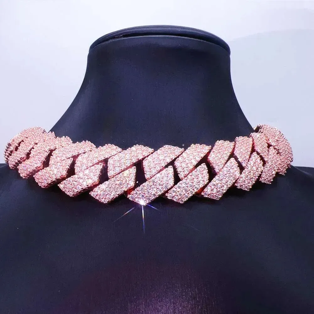 20mm 24inches Hip Hop Jewelry Iced Cuban Chain Necklace 3rows Rose Gold Cuban Link Chain