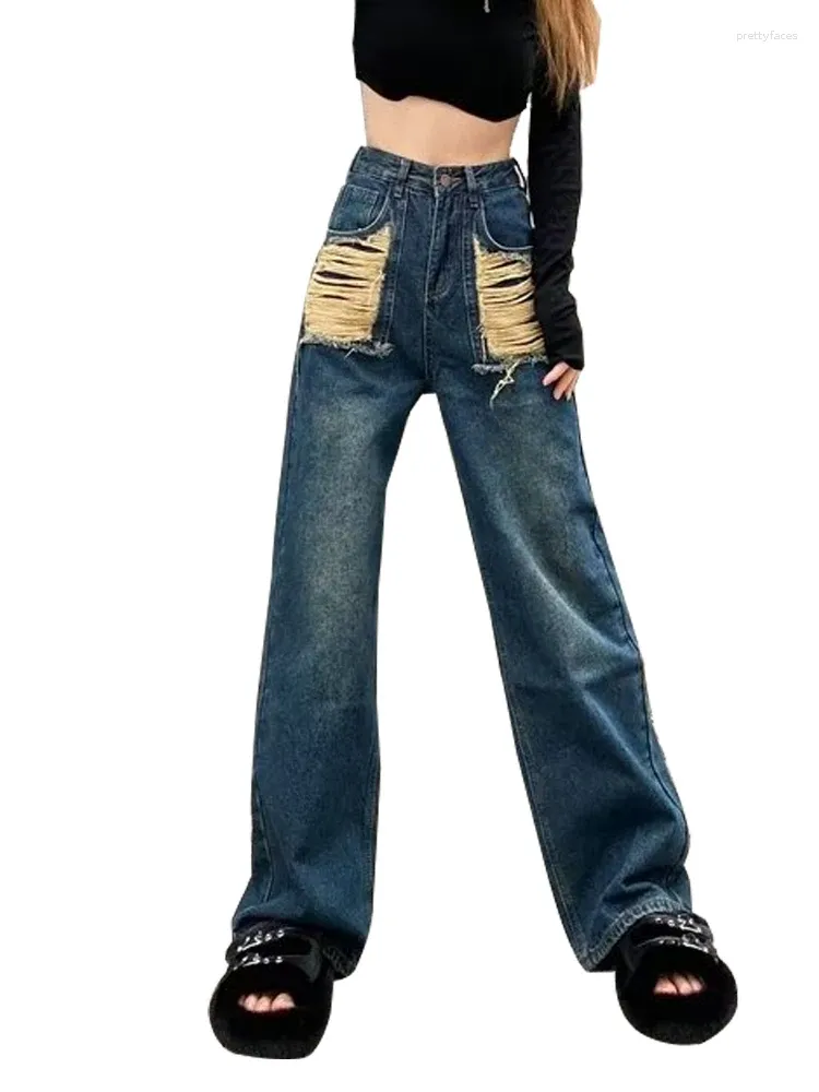 Frauen Jeans Unregelmäßige Loch Frühling Herbst 2023 Amerikanischen Stil Vintage Hohe Taille Abnehmen Design Wischen Hosen