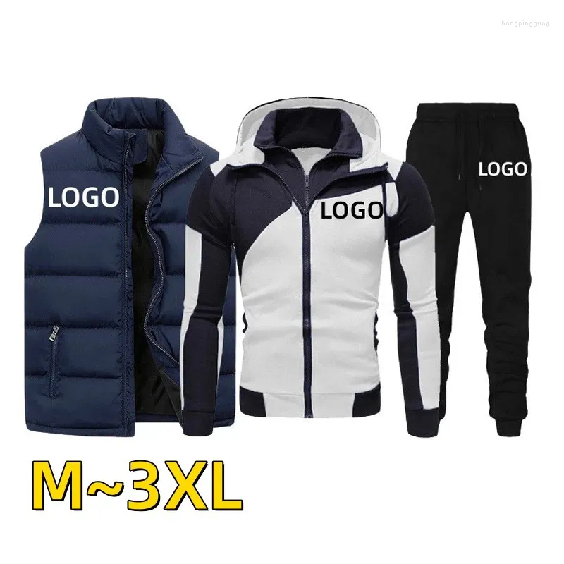 Survêtements pour hommes Logo personnalisé Survêtement Automne Hiver Polaire Épais 3 Pièces Ensemble Veste À Capuche Pantalon Gilet Costume De Sport Mâle Tenues Décontractées