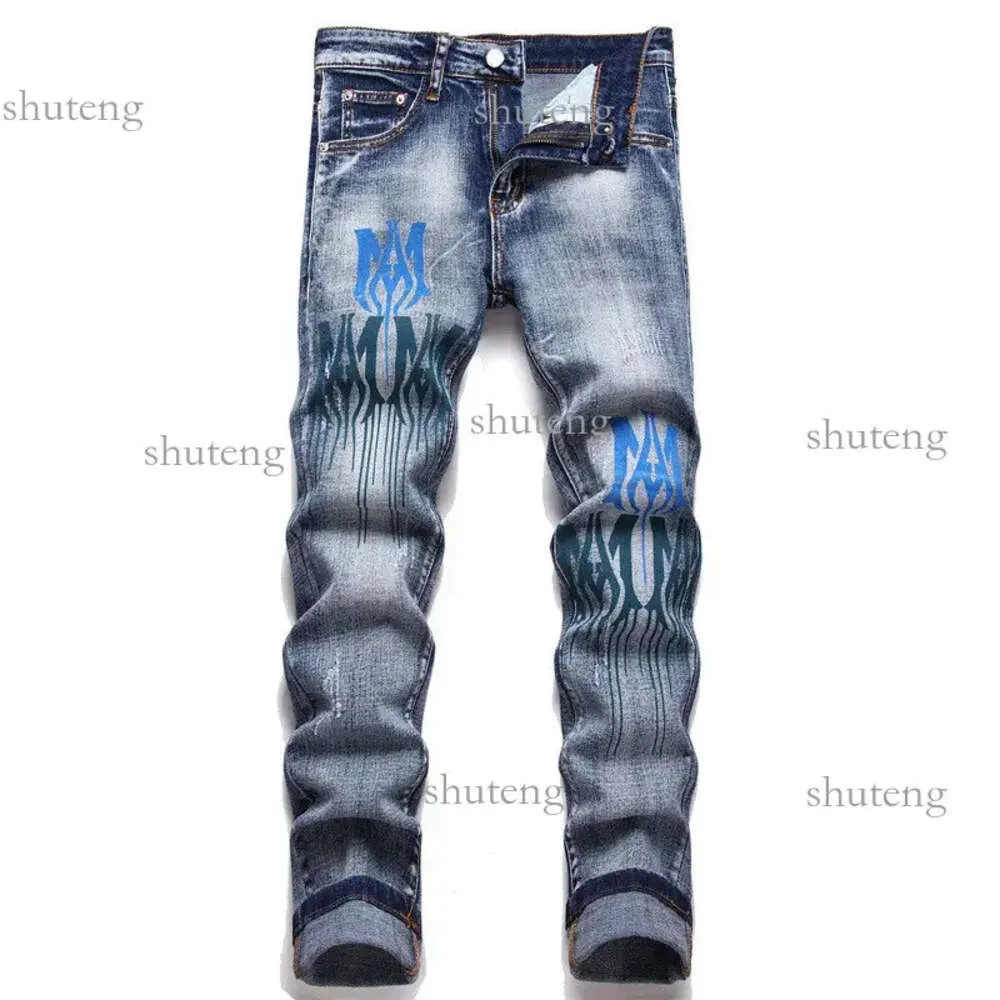 Amirs Jeans voor heren Herenjeans Gescheurde jeans met oranje sterren Regular Fit Letterborduurwerk Ritssluiting Zwart Medium potloodbroek Designer 400