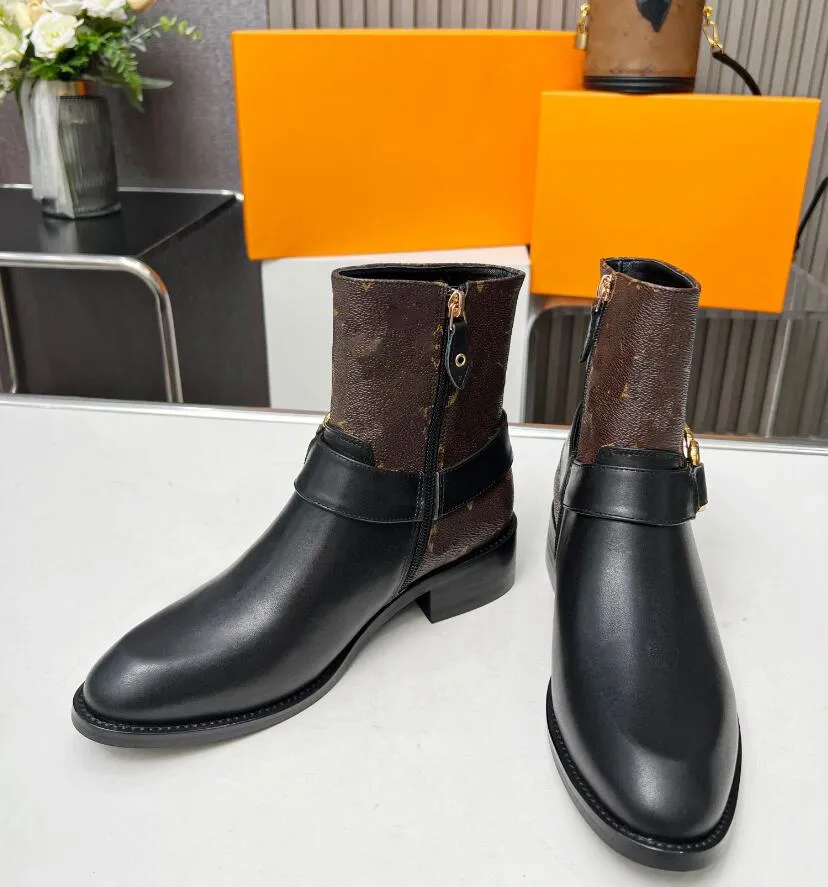 Luxo Westside Flat High Ankle Boots Mulheres Marrom Escuro Inserção De Borracha Preta Couro De Bezerro Side Zip Outono E Inverno Martin Sapatilhas Com Caixa