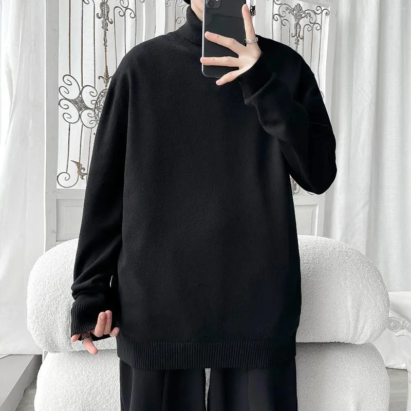 Suéter masculino de meia gola alta, malha justa, stretch, top grande, cor sólida, manga comprida, pulôver, roupa externa masculina