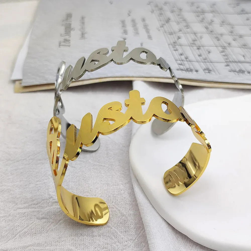 Bangle Custom Name Bangle for Women Stainless Steel Personalized Letter Adjustable Big Bangle Jewelry Girlfriend Gift Pulseira Feminina 231207