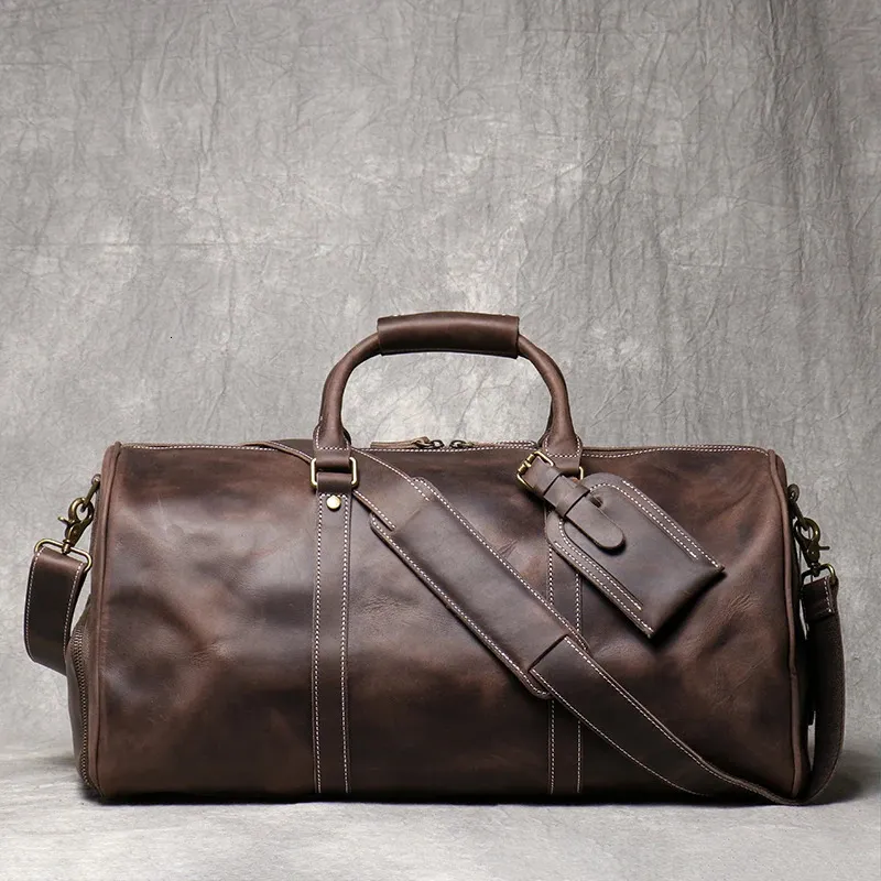 Duffel Bags Men's Leather Travel Bag Vintage Brown Cowhide Bagage Bag Man Carry On Handbag Weekender Bag Duffle Bag With Shoe Compartment 231207