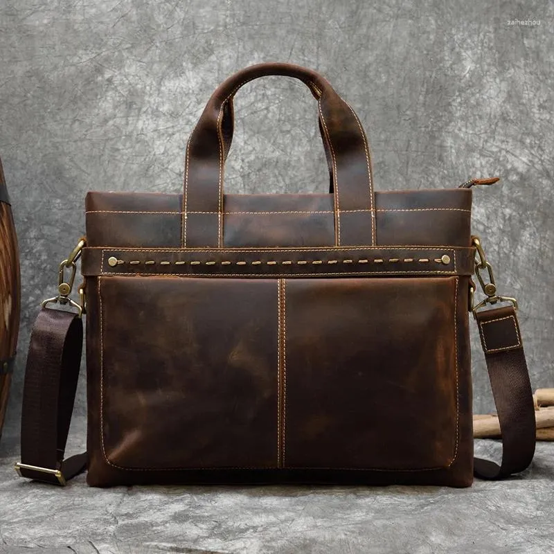 Bortkroppar Sbirds Retro Men's Leather Handbags äkta portfölj för 15,6 "Laptop PC Classic Business Bag Men Slim