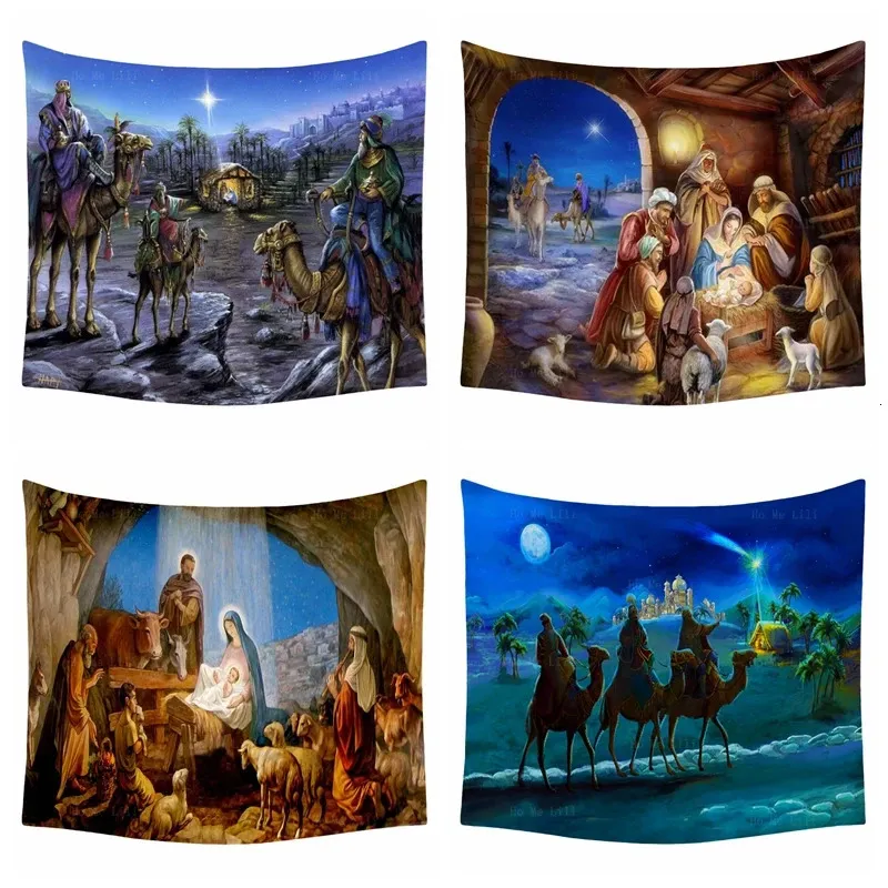 Tapestries Holy Family Bethlehem Nativity Christmas Desert Moon Night Three Wise Men Tapestry By Ho Me Lili For Livingroom Wall Decor 231207