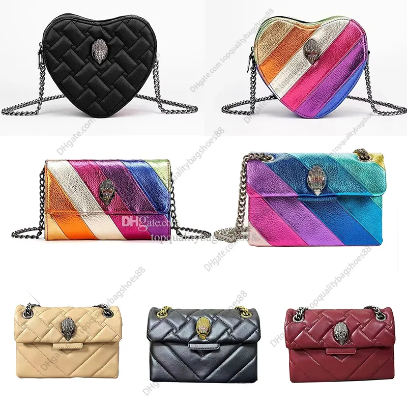 Designer Kurt Geiger herzförmige Handtasche Luxustasche Leder London Damen Mann Mini Umhängetasche Metallschild Pochette Clutch Tote Umhängetasche Regenbogenkette Flap Bags