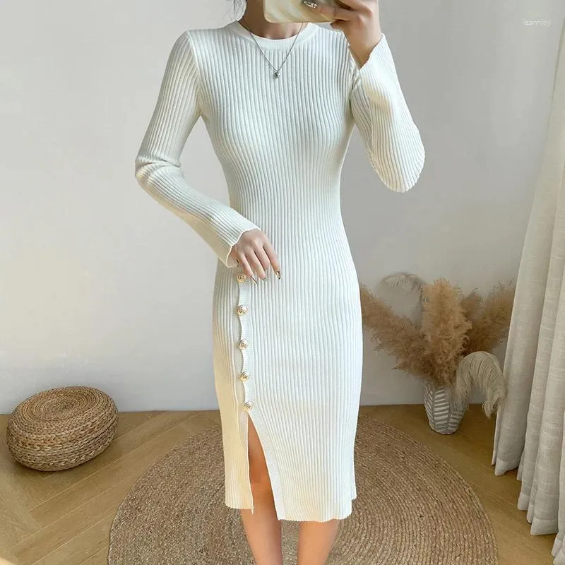 Casual Dresses Korea Style Slim Midje Hips Button Open Split Chic Lady Sexig Autumn Winter Knittade tröjor Dress Fashion Women