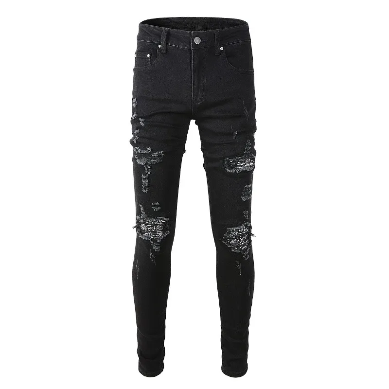 Mäns jeans high street trendiga varumärke jeans med hållappar och fashionabla smala fit leggings