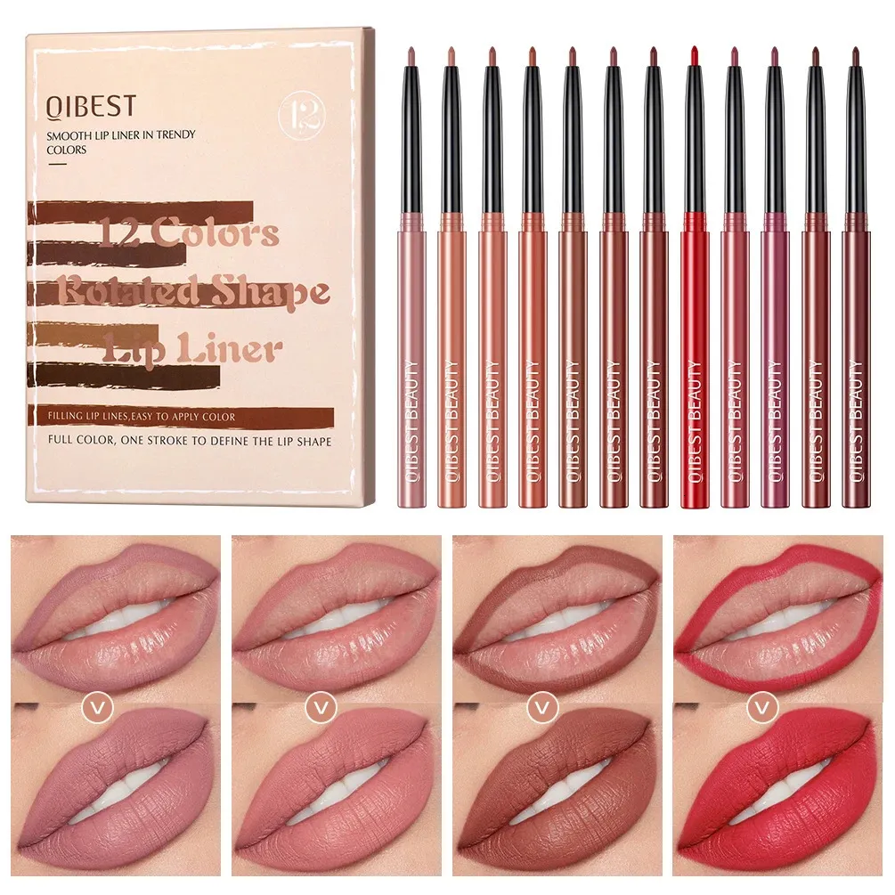 أشفة الشفاه 12pcs قلم رصاص بطنة مجموعة غير لامع عارية محيط Lipliner أحمر الشفاه مقاوم للماء طويل القلم Tint Cosmetics 231207