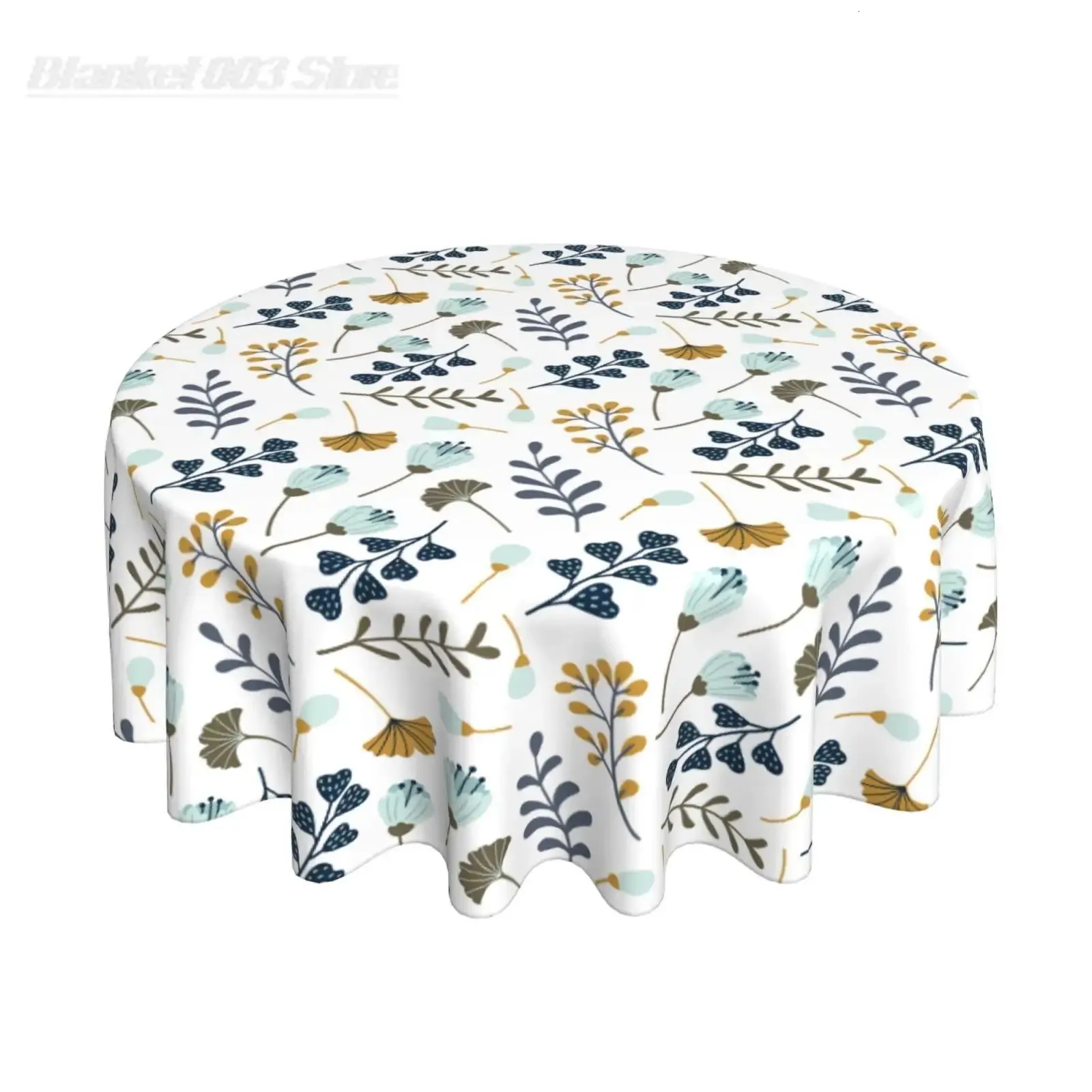 Disposable Table Covers Blue Grey White Floral Leaves Round Tablecloth 60 Inch Spring Summer Leaf Table Clothes Rustic Reusable Circle Table Cover for 231206