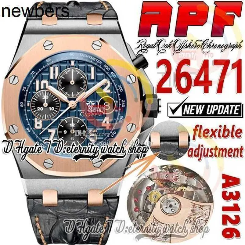 Mężczyźni Audemar Pigue Watch APF Factory 42mm 2647 A3126 Chronograph Mens Rose Gold Brushed Bezel Blue Tekstrutowa skóra skórzana Edycja Eternity Watches Pasek