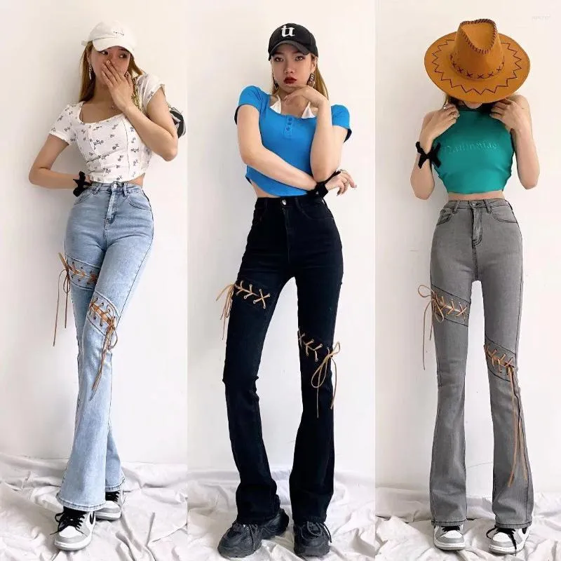 Women's Jeans Slim-Fit Stretch Washed Light-Colored Sexy Trendy With Long Legs And Visual Sense High Waist Straps Bootcut Trousers