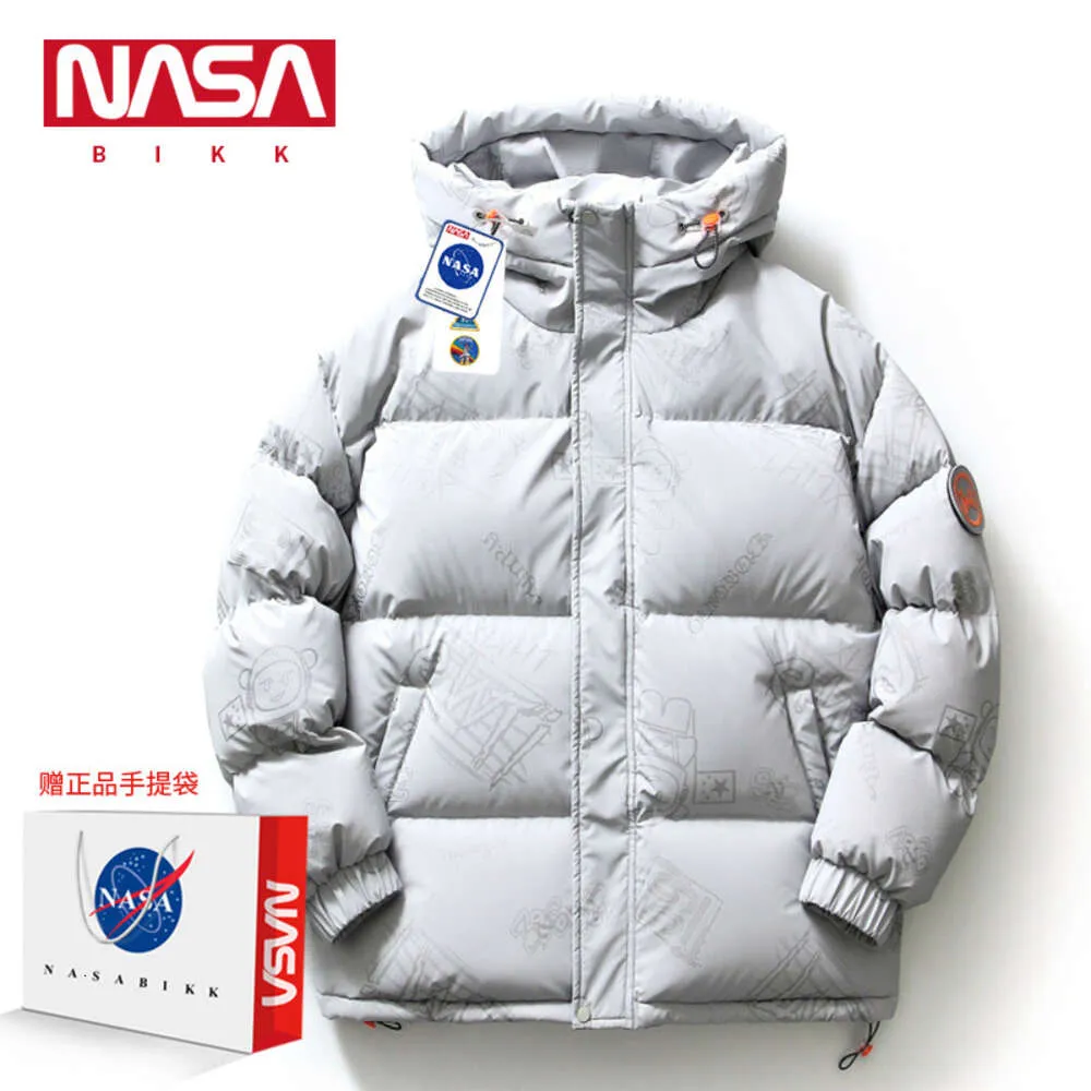 NASA Co Branded Daunenmantel für Herren, Winter, mit Kapuze, lose weiße Entendaunen, dicker Stehkragen, warmer Daunenmantel, trendig