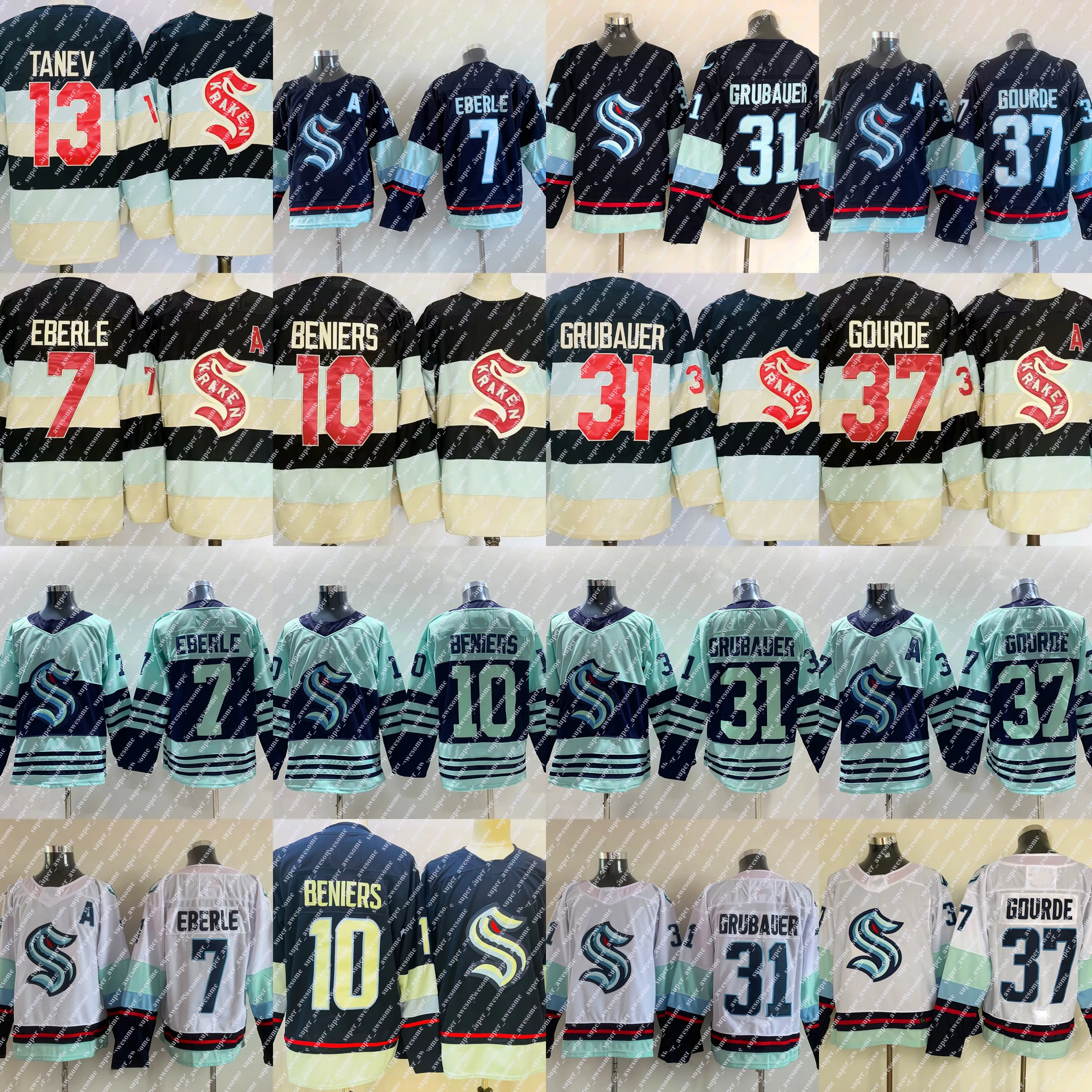 2024 Winter Classic 10 Matty Beniers Jersey 7 Eberle 31 Philipp Grubauer 37 Yanni Gourde 13 Brandon Tanev Hockey Jerseys Navy White Teal Stitched