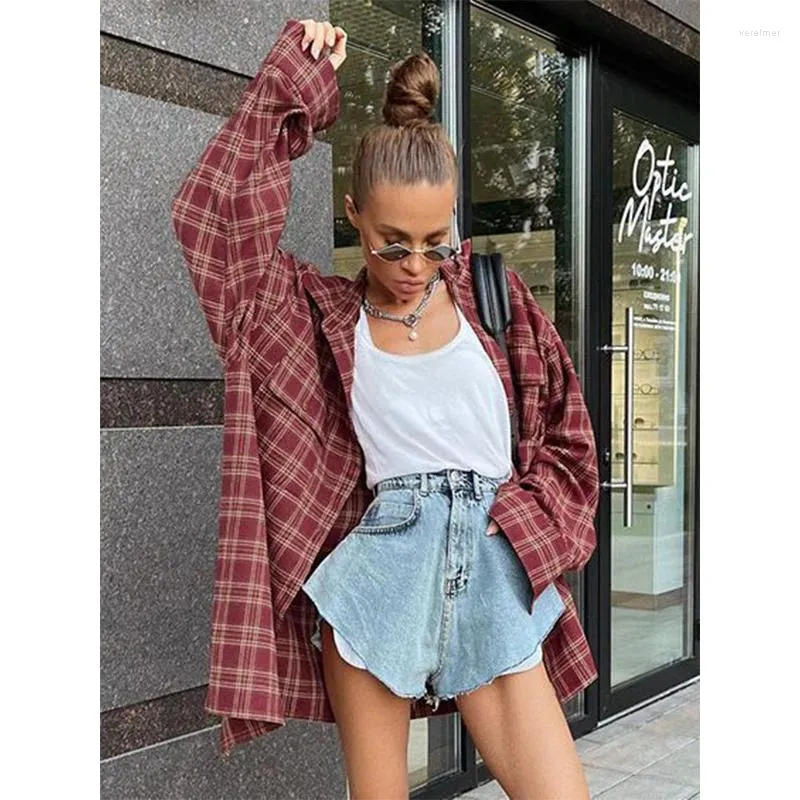 Damesblouses 2023 Vintage Oversized Lange Dikke Geruite Overhemd Dames Herfst Winter Street Style Rood Stedelijk Top Katoenen Jas Kleding Trendy