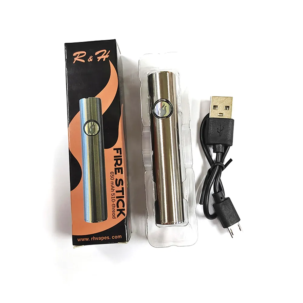 R&H Fire Stick Vaporizer Pen Preheat Battery 650mAh Adjustable Voltage Batteries 510 Thread with Retail Packaging USB Charger VS Dabwoods Cookies