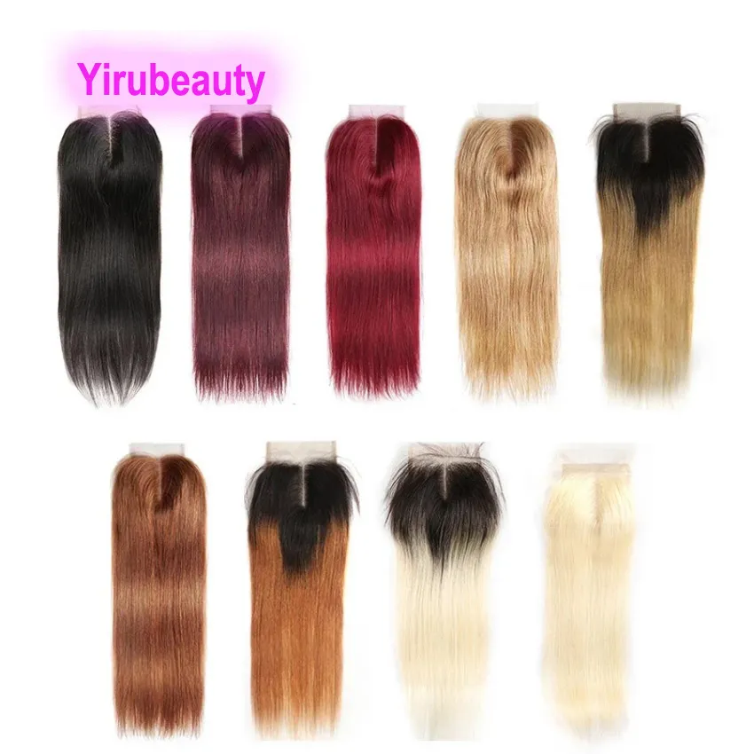 Yirubeauty Silky Straight 4x4 Spets Closure Brasiliansk 100% Human Hair 12-24Im 99J 27# 33# P4/27 Piano Color