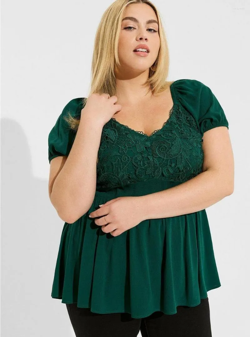 Blouses pour femmes 100,00 kg Vêtements de grande taille T-shirt pour fille potelée qui cache votre ventre Haut serré à la taille en dentelle Seersucker plissé