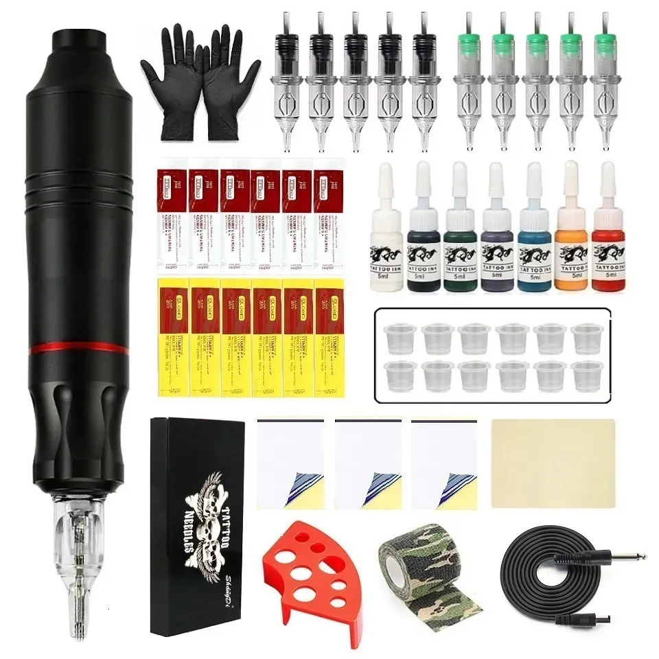 Kits de armas de tatuagem Kit de máquina de tatuagem Caneta de tatuagem rotativa com 7pcs tinta 10pcs cartuchos agulha máquina de maquiagem permanente para iniciantes de tatuadores 231207