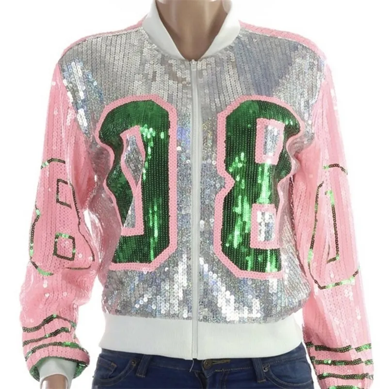 Women s Leather Faux 2023 Fashion Greek numeral Pink Green 08 Sequin Jacket Academy Party Top Coat 231206