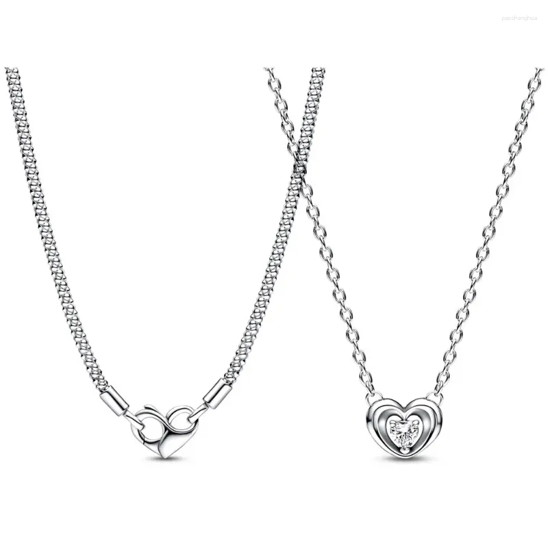 Подвески из стерлингового серебра 925 пробы, ожерелье-цепочка с шипами Pan Moments, сияющее сердце, кулон с плавающим камнем, колье