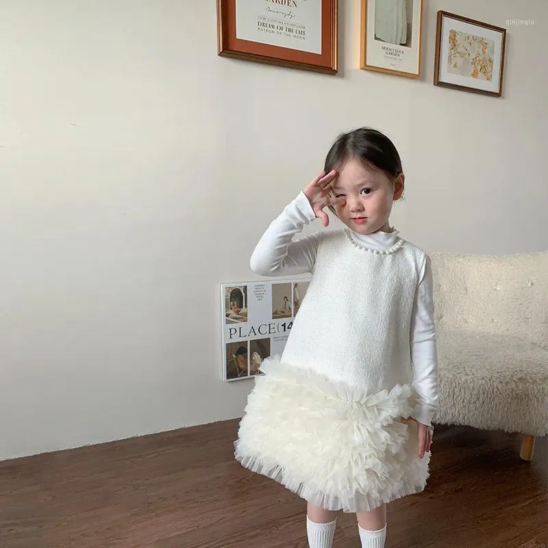 Vestidos de niña, vestido coreano de chaleco de lana sin mangas con volantes para niñas pequeñas, ropa de otoño e invierno con cuello de perlas para niños pequeños