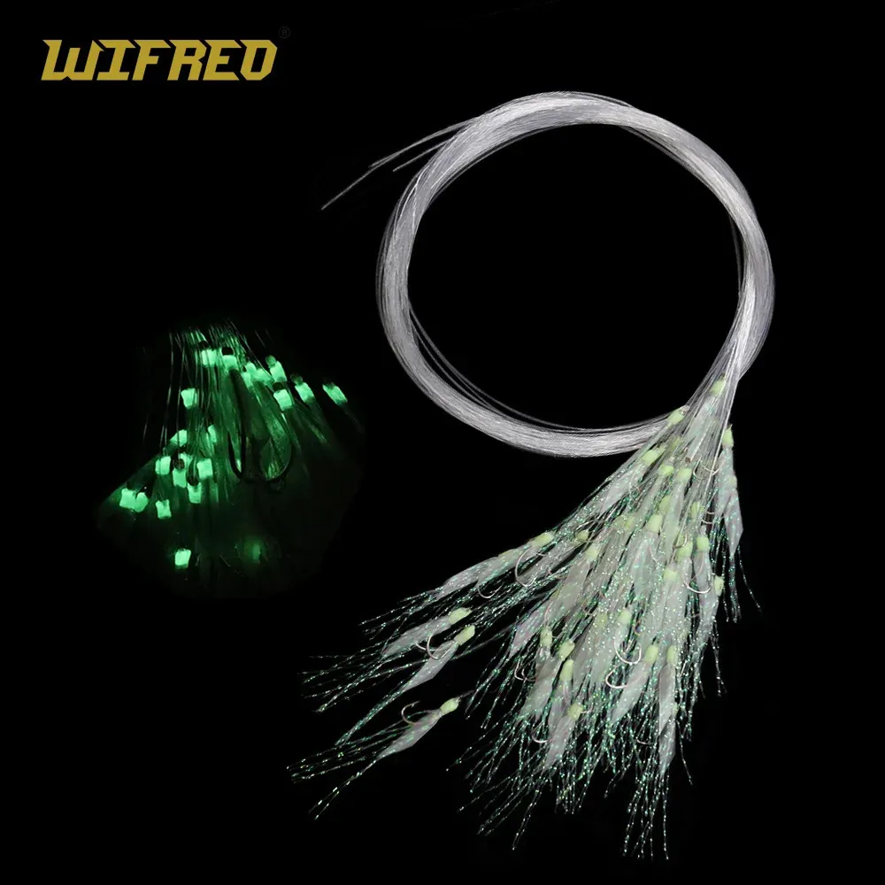 Fishing Hooks Wifreo 100pcs Offshore Angler Flash Fish Skin Sabiki Rigs with Fluorocarbon Leader Size 6-26 Luminous Single Hook Rigs 231204