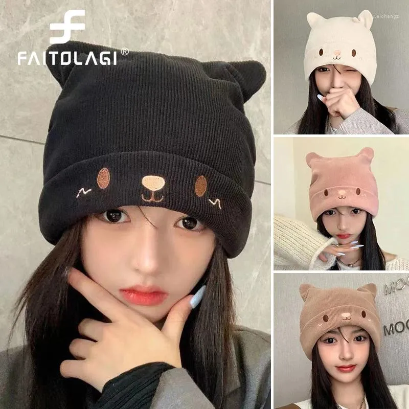 Ball Caps Cute Women Beanies Korean Girl Knitted Hat Autumn Winter Warm Earmuffs Cap Solid Color Skullies Cartoon Wool Crochet Bonnet