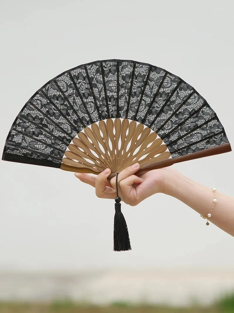 Decorative Figurines Chinese Souvenir Handmade Folding Fan High-grade Lace Retro Small Cheongsam Dance Hand Daily Bamboo Home Decoration