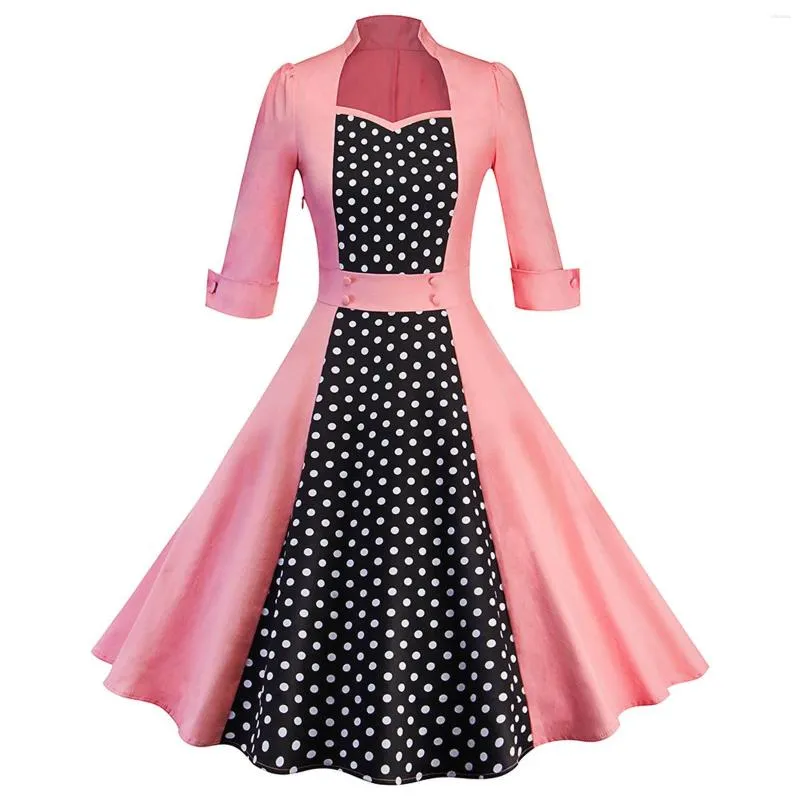 Casual Dresses Women Robe Retro Vintage Dress Polka Dot Stitching 50s 60s Rockabilly Swing Pin Up Elegant Tunic Party