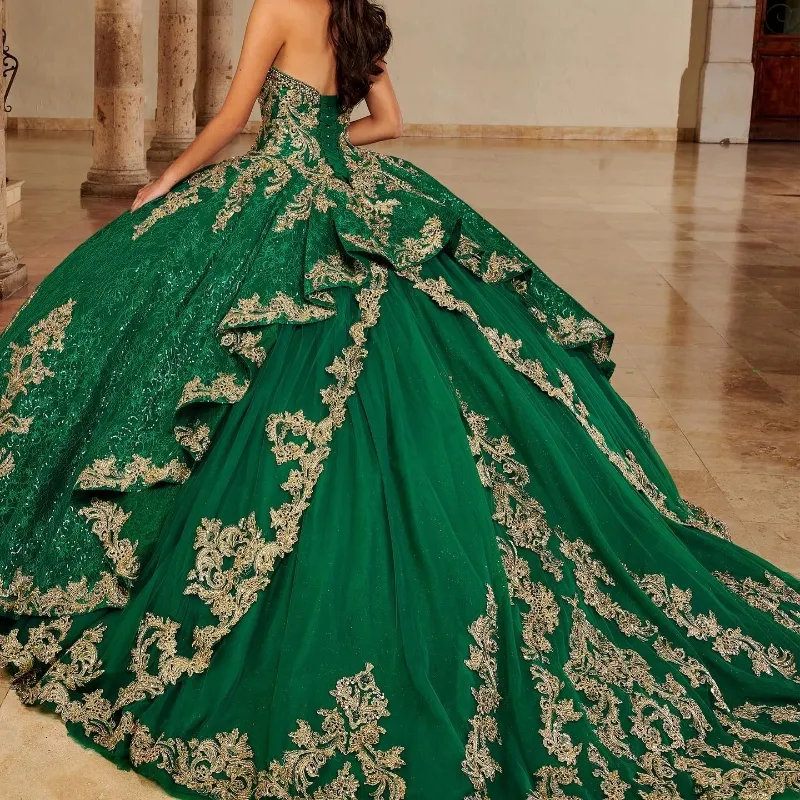 Блестящая принцесса зеленый блеск от плеча quinceanera платья милая кружевная аппликация сладкое 16 бабола