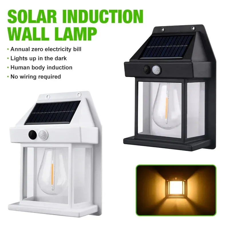 Solar Tungsten Wireless Outdoor LED Wall Light Human Sensor Bulb Waterproof Garden Landscape Villa Courtyard Decor Night Light