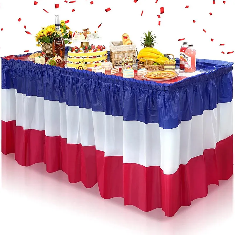 Saia de mesa 29 "x 14 pés de plástico, decorações de saias de mesa vermelhas, brancas e azuis, patrióticas, descartáveis, para suprimentos de festa de 4 de julho 231206