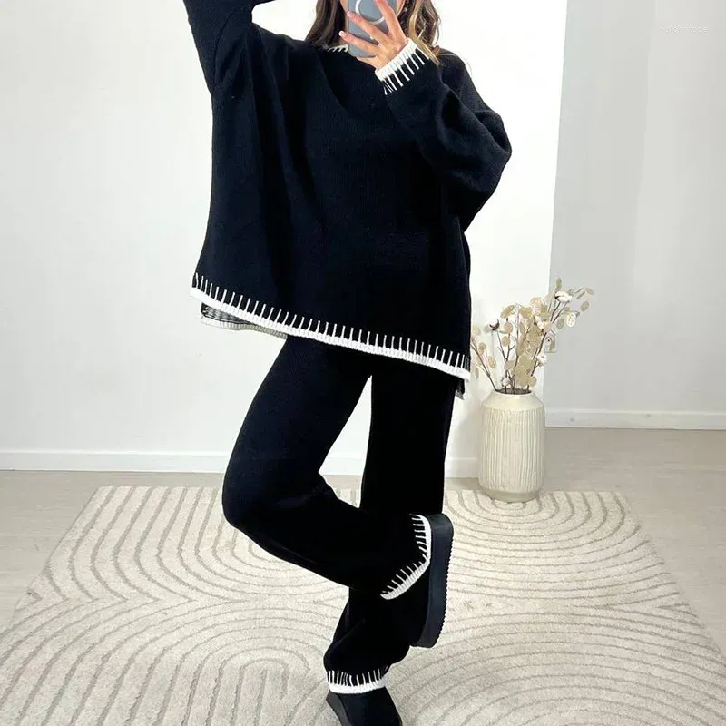 Женские блузки SuperAen, европейские и американские 2023, осень/зима, модный повседневный свитер контрастного цвета, прямые свободные брюки, комплект из двух предметов