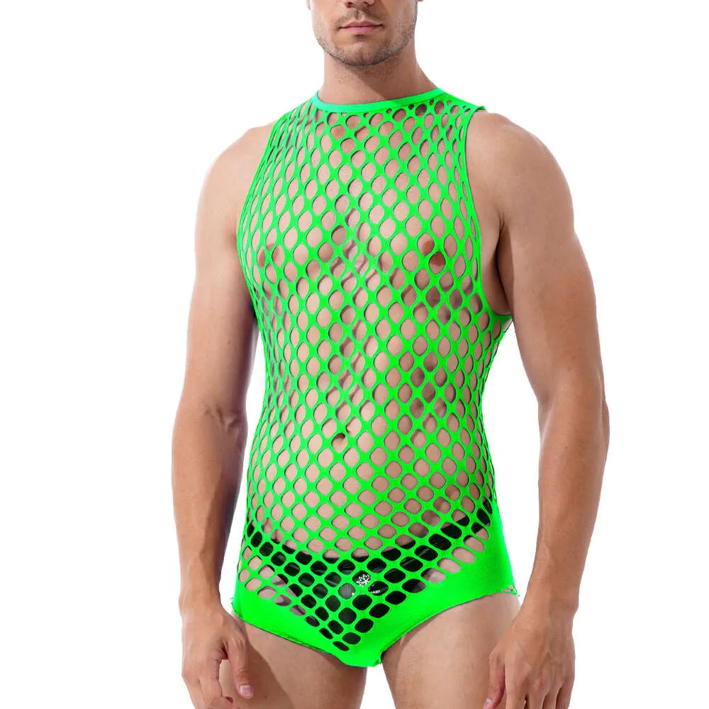 Male Sexy Lingerie Men S Fishnet Bodysuit Hollow Out Underwear Mesh Sleeveless Bandage Jumpsuit Guy Erotic Party Night Club Wear