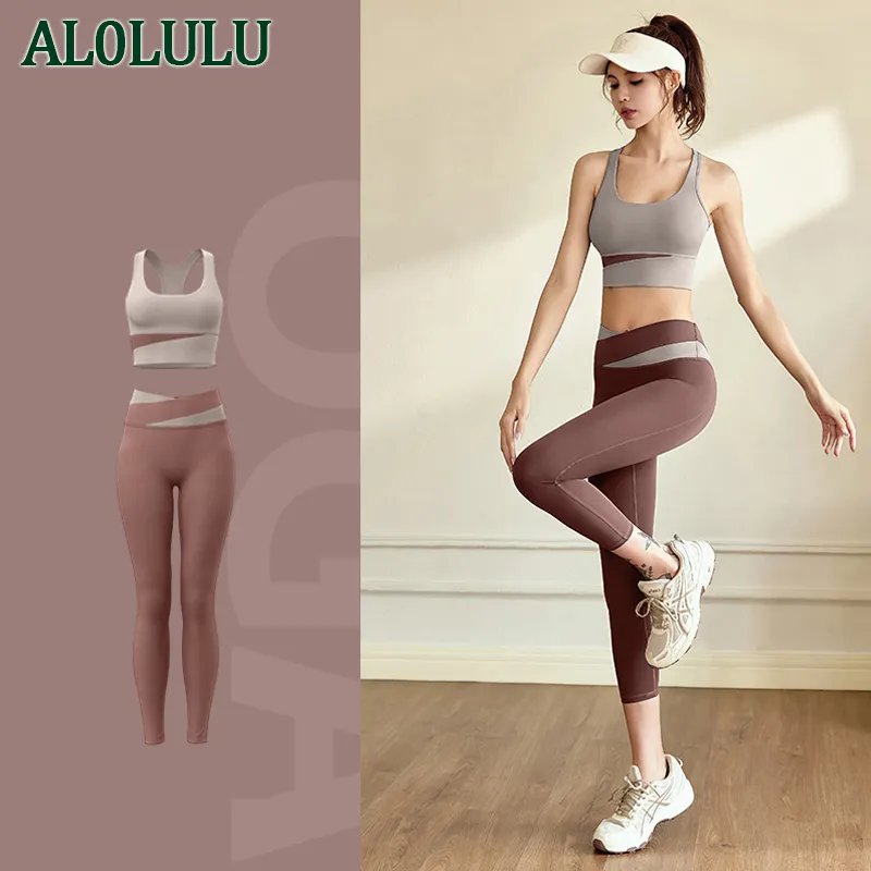 AL0LULU With Logo Yoga Clothing Set Yoga Leggings Women's Sports Bra Gym Running Yoga Pants