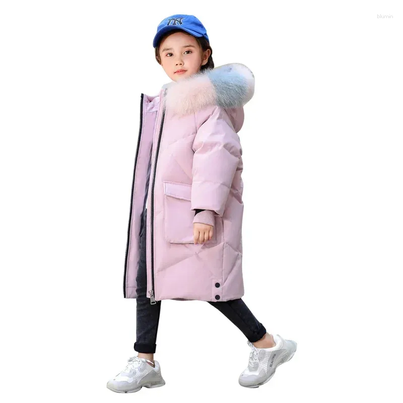 Down Coat Girl Jacket med päls högkvalitativ vinterfärgad verklig Super Warm Thick Dids minus 50 grader Parka