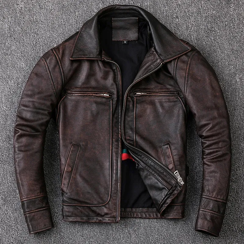 Men's Leather Faux Men Cowhide Coat Genuine Jacket Vintage Style Man Clothes Motorcycle Biker Jackets Plus Size 134cm 231207