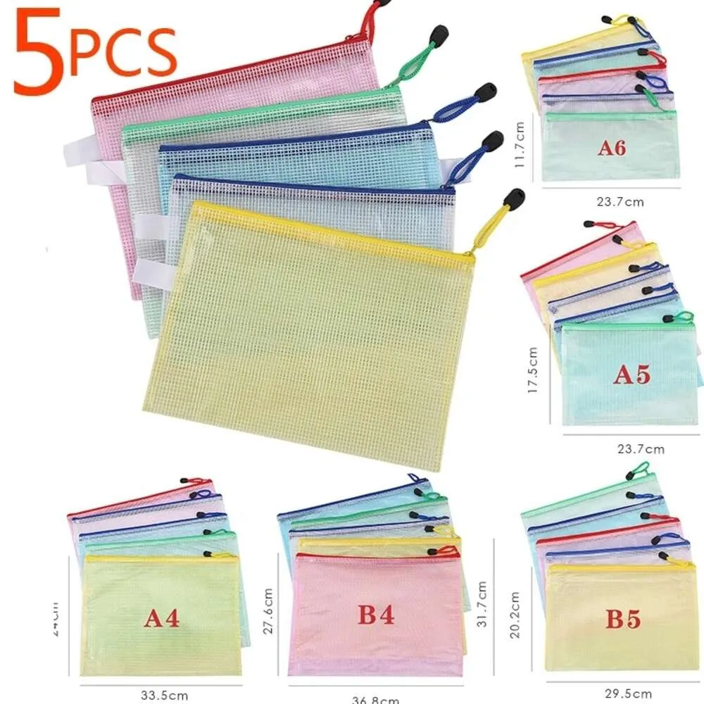 Nouveaux supports de stockage racks 5 pièces sacs de rangement de papeterie dossier fichier maille pochette à fermeture éclair A4 organisateurs de documents dossiers à fermeture éclair fournitures de bureau scolaire