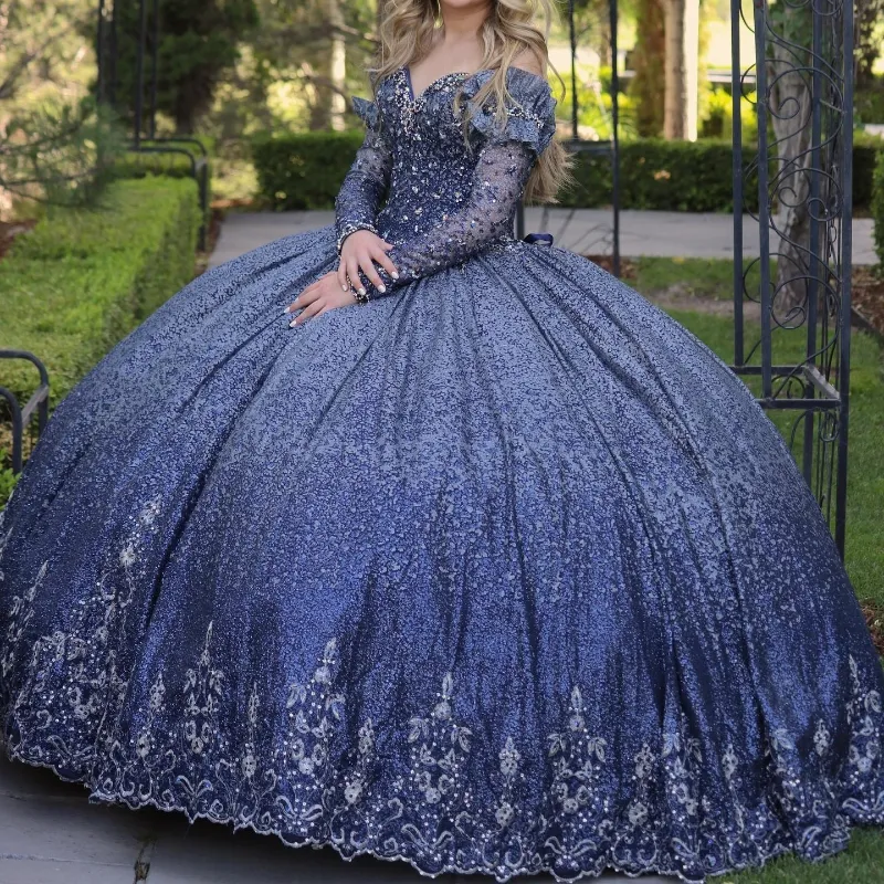 Robe de princesse Quinceanera scintillante, bleu marine brillant, robe de bal, paillettes appliquées, cristaux, perles, douce 15ème robe de bal à lacets