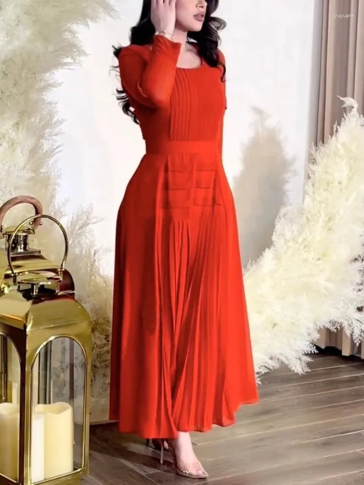 Casual Dresses Graceful For Women Gauze Patchwork Long Sleeves Pleated A Line Autumn Trendy Bridesmaids Dinner Prom Celebrate Vestidos