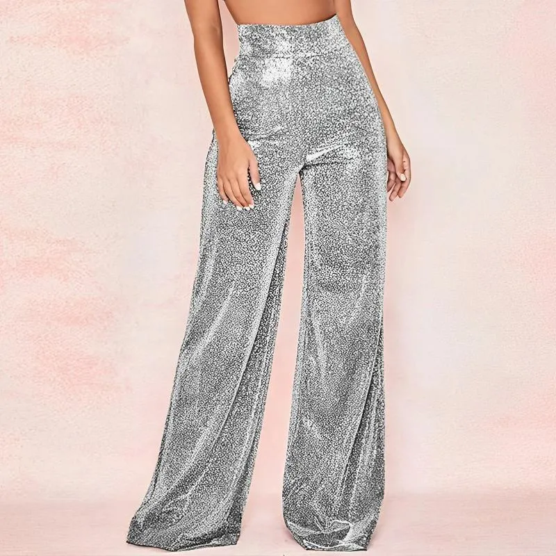 Women's Pants Glitter Sequin Stage Dance Sparkly Women Wide Leg Trousers Fashion Elegant Casual Simple Shiny Night Out Clubwear