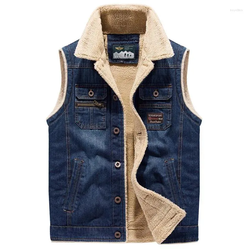 Gilets pour hommes hommes hiver chaud denim gilet polaire doublé thermique jeans gilets pour hommes manches vestes multi poches