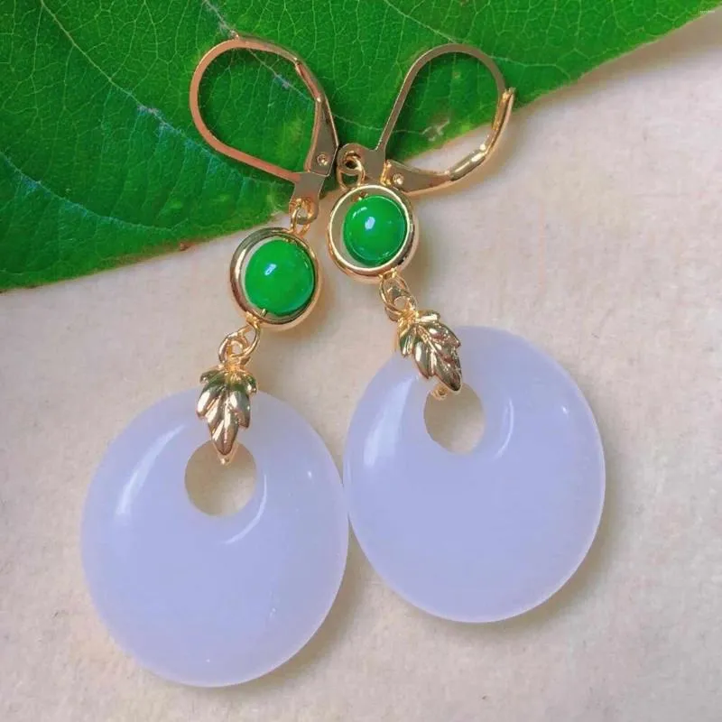 Boucles d'oreilles pendantes Oblateness naturelle Jade blanc jadéite boucle d'oreille en or crochet de Pâques CARNAVAL Thanksgiving cadeaux de vacances bijoux à tige d'oreille