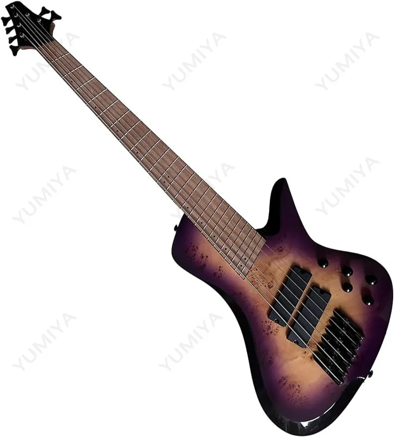 Mise à niveau de la frette en éventail 6 cordes guitare basse électrique violet Burl Burst couette dessus en érable frette en acier inoxydable