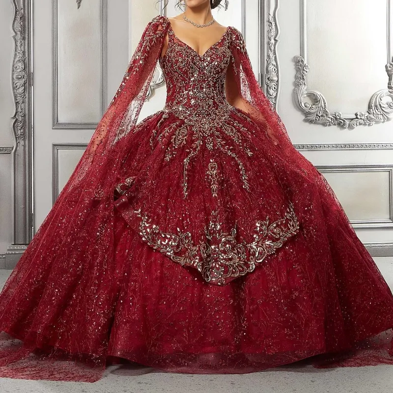 Sparkly Red Quinceanera Dress Ball Gown Lace Applique Beads Crystal With Cape Mexico Sweet 16 Vestidos De XV 15 Anos